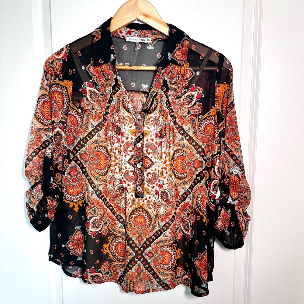 Paisley Blouse in Black and Orange Petite Medium
